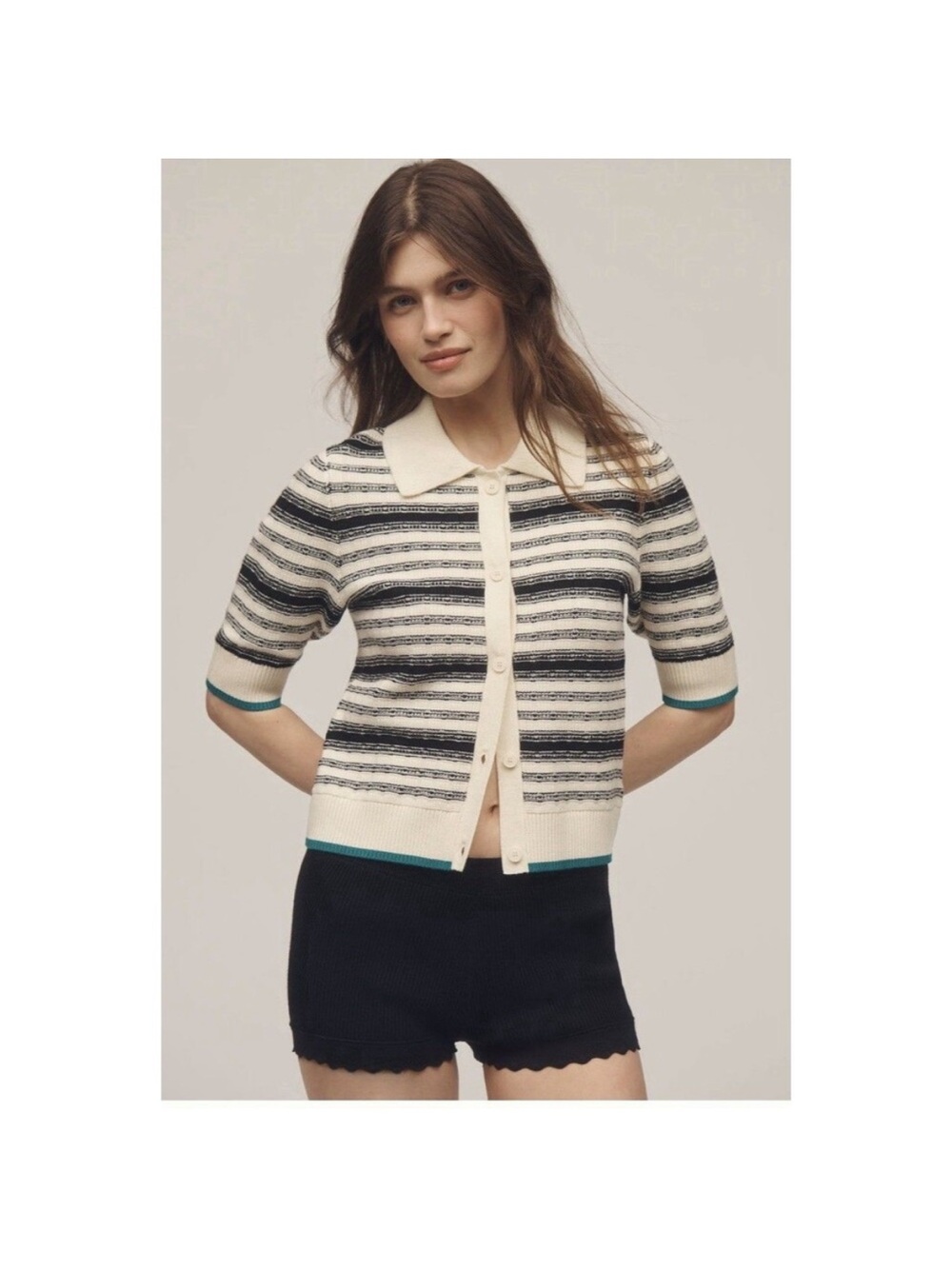 Maeve Anthropologie Kinsley Collared Crop Cardigan Sweater Size L Black Cream